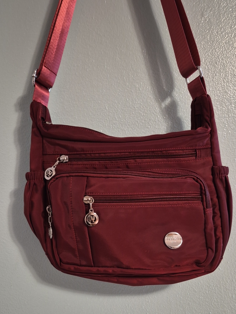 JIELSHI Burgandy Crossbody Multiple Pocket Travel Adjustable Wide Strap